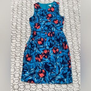 J Crew floral dress blue w coral tulip linen textured cotton crewneck sleeveless